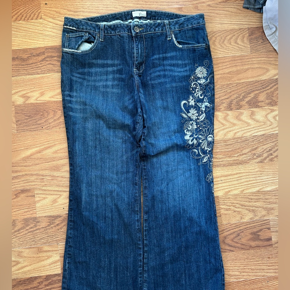 Venezia Dark Blue Flare Jeans with White Floral Embroidery